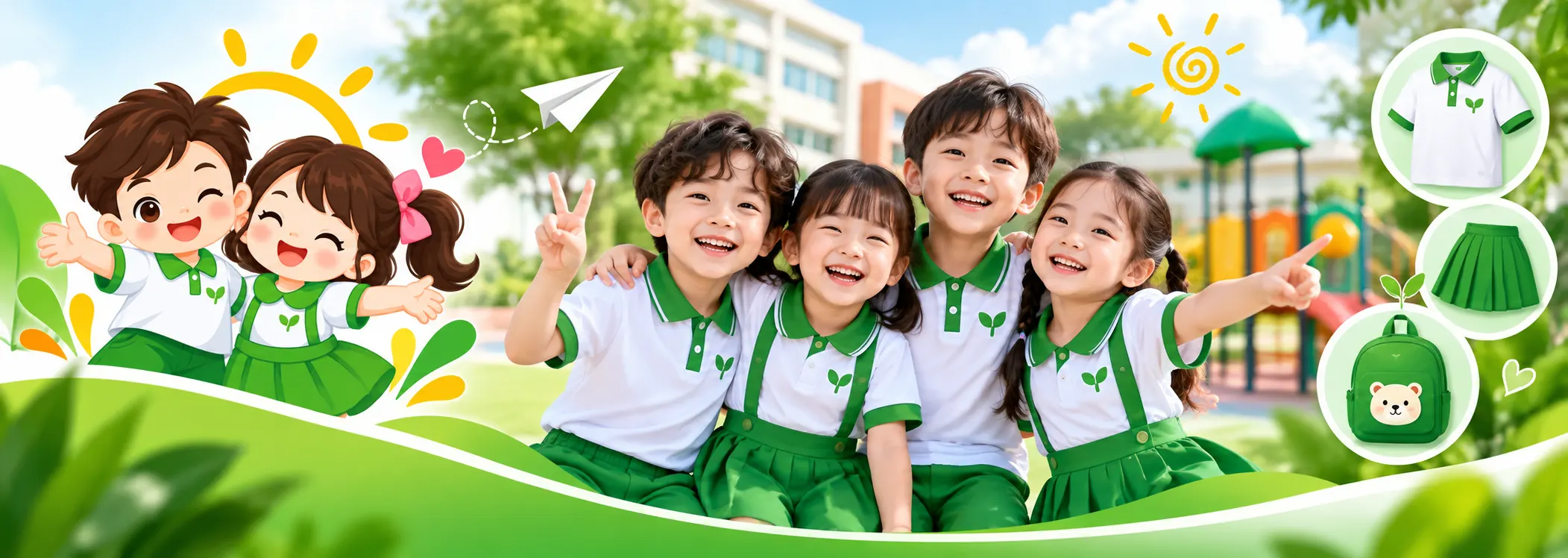 Các bé Việt Nam mặc đồng phục mầm non xanh trắng