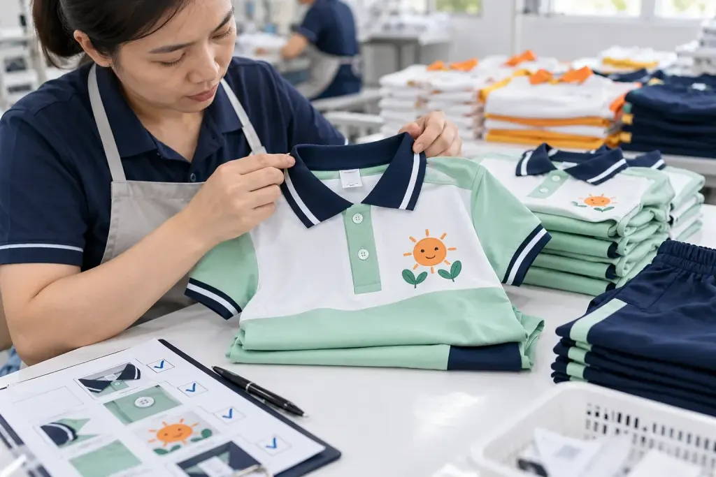 Kiểm tra chất lượng lô đồng phục mầm non trước khi nhận hàng
