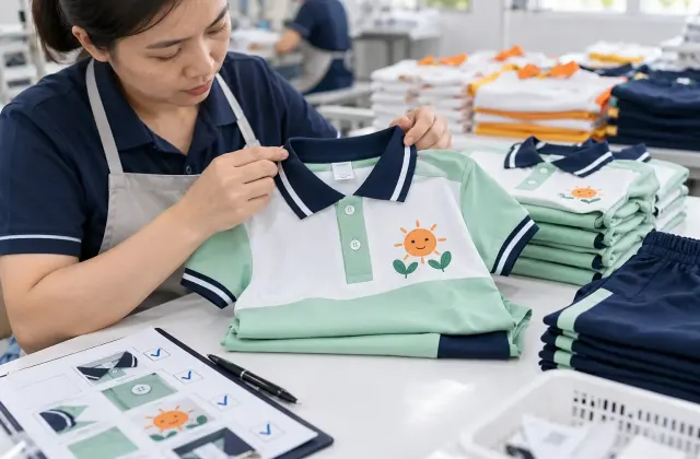 Kiểm tra chất lượng lô đồng phục mầm non trước khi nhận hàng