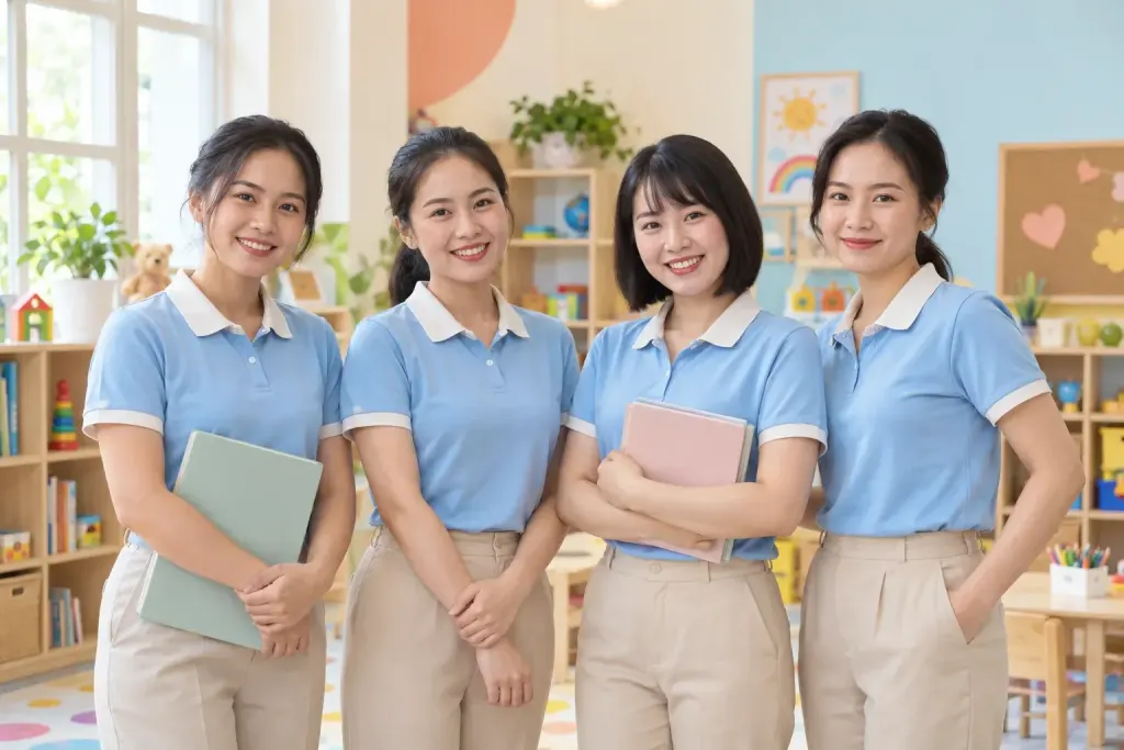 Đội ngũ giáo viên mầm non mặc đồng phục polo xanh đồng bộ