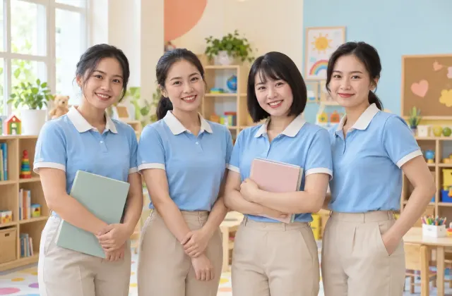 Đội ngũ giáo viên mầm non mặc đồng phục polo xanh đồng bộ