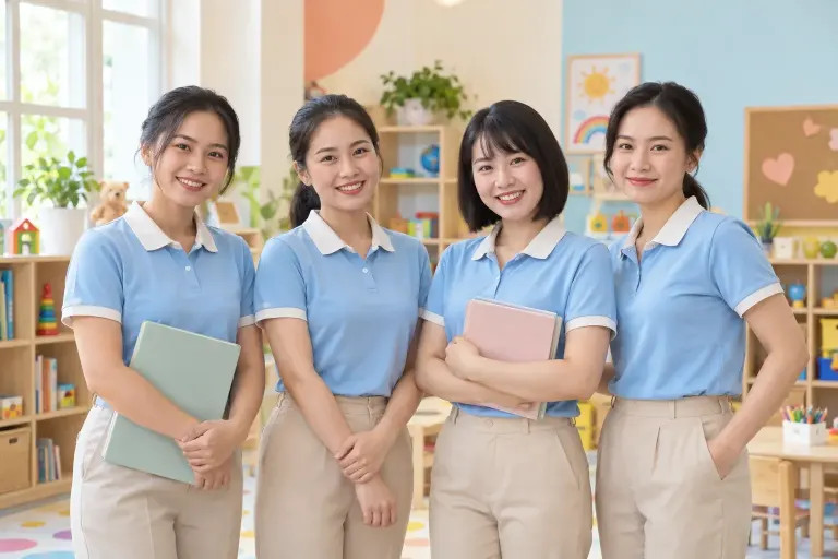 Đội ngũ giáo viên mầm non mặc đồng phục polo xanh đồng bộ