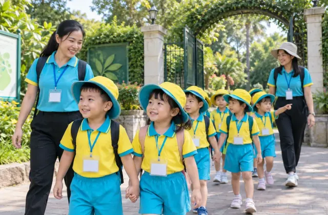Trẻ mầm non và giáo viên mặc đồng phục trong chuyến tham quan
