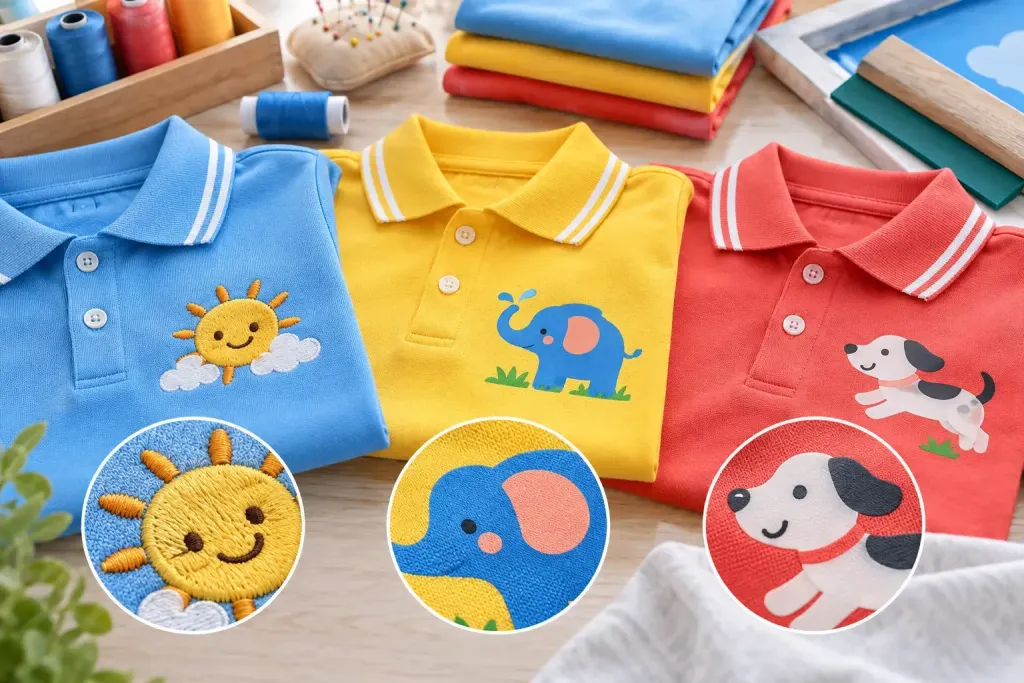 So sánh kỹ thuật in và thêu logo trên đồng phục mầm non