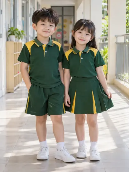 Đồng Phục Mầm Non Polo Phối Vai Xanh Rêu Vàng Drycool