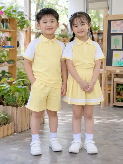 Đồng Phục Mầm Non Polo Tay Raglan Vàng Pastel Trắng Drycool