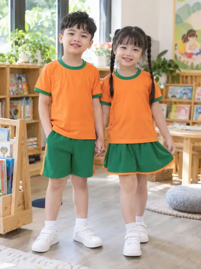 Đồng Phục Mầm Non Áo Thun Cổ Tròn Cam Tươi Xanh Lá Hacool