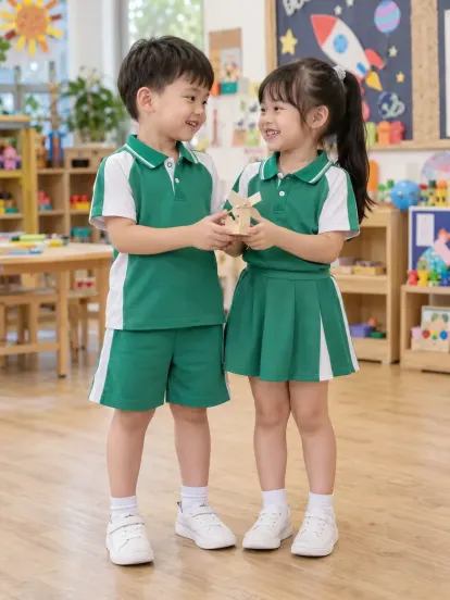 Đồng Phục Mầm Non Polo Phối Vai Xanh Lá Trắng Drycool