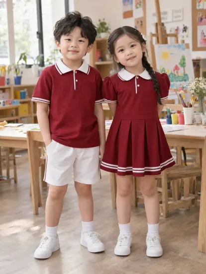 Đồng Phục Mầm Non Váy Polo Đỏ Đô Trắng Compact Fit