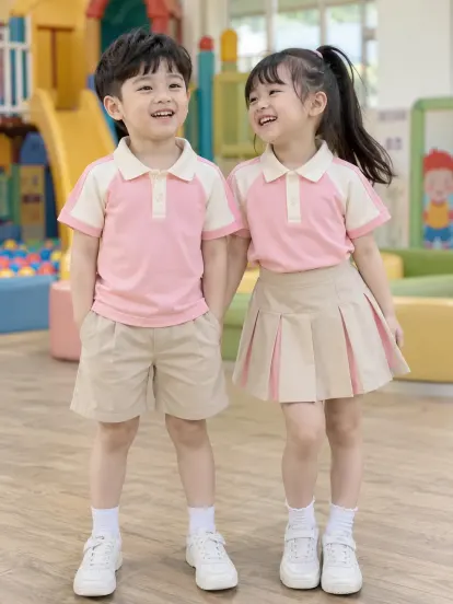 Đồng Phục Mầm Non Polo Phối Vai Hồng Phấn Kem Drycool