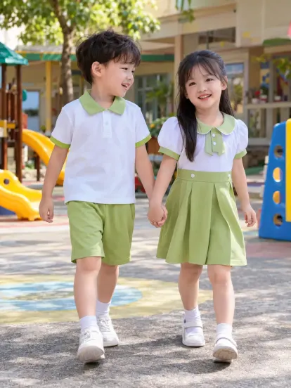 Đồng Phục Mầm Non Váy Bé Gái Xanh Cốm Trắng Piquecool