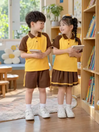 Đồng Phục Mầm Non Polo Tay Raglan Vàng Nghệ Nâu Drycool