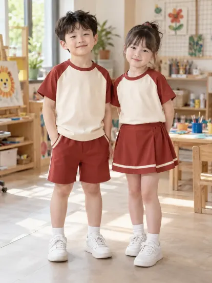 Đồng Phục Mầm Non Áo Thun Cổ Tròn Đỏ Gạch Kem Hacool