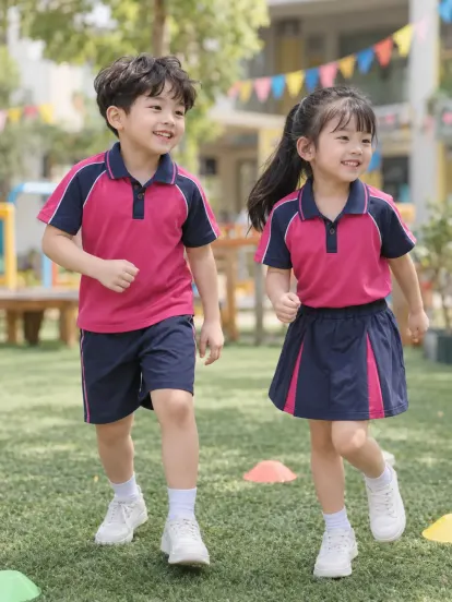 Đồng Phục Mầm Non Polo Phối Vai Hồng Sen Navy Drycool