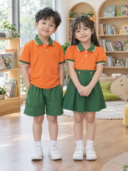 Đồng Phục Mầm Non Váy Bé Gái Cam Tươi Xanh Lá Piquecool