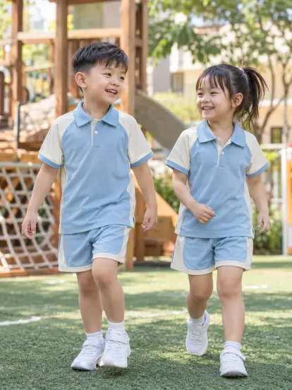 Đồng Phục Mầm Non Polo Tay Raglan Xanh Da Trời Kem Drycool