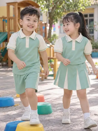 Đồng Phục Mầm Non Áo Thun Phối Bo Xanh Mint Kem Hapimax