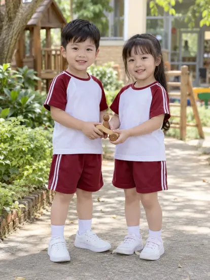 Đồng Phục Mầm Non Áo Thun Cổ Tròn Đỏ Đô Trắng Hacool