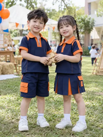 Đồng Phục Mầm Non Bộ Dã Ngoại Xanh Navy Cam Hacool