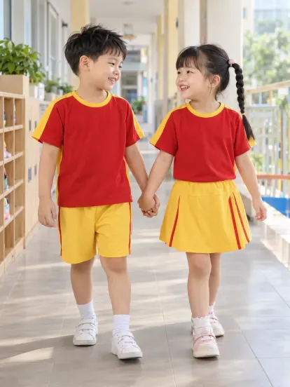 Đồng Phục Mầm Non Áo Thun Cổ Tròn Đỏ Tươi Vàng Hacool