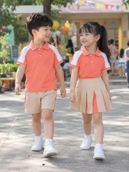 Đồng Phục Mầm Non Polo Phối Vai Cam San Hô Trắng Drycool
