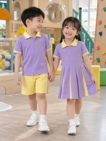 Đồng Phục Mầm Non Váy Polo Tím Nhạt Vàng Compact Fit