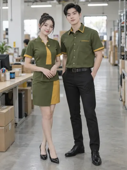 Đồng Phục Lễ Tân Xanh Rêu Vàng Thương Mại Điện Tử Compact Fit