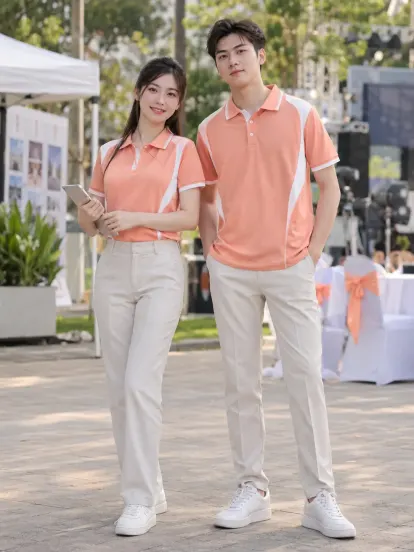 Đồng Phục Nhà Hàng Cam San Hô Trắng Truyền Thông Piquecool