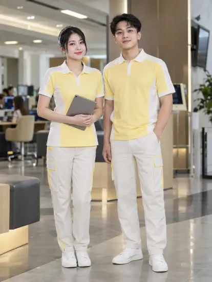 Bộ Bảo Hộ Lao Động Vàng Pastel Trắng Ngân Hàng Piquecool