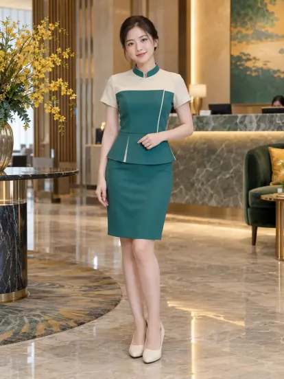 Đồng Phục Lễ Tân Xanh Ngọc Kem Công Nghệ