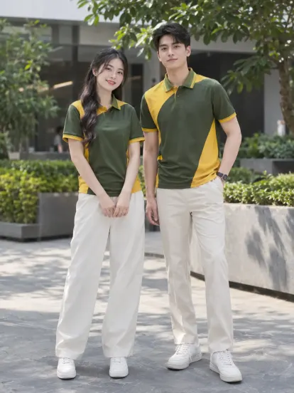 Áo Team Building Xanh Rêu Vàng Dịch Vụ Khách Hàng Compact Fit